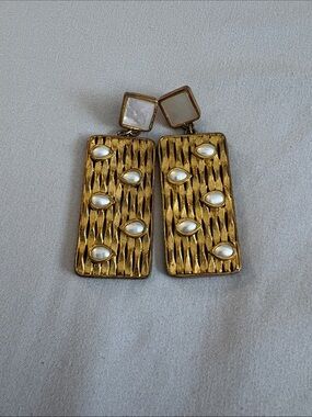 Gold-Tone Rectangular Drop Earrings with White Pearl Accents
